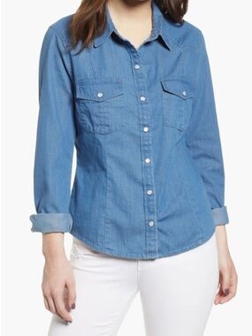 BP Nordstrom Women's Fitted Chambray Shirt Snap Front Buttons Size M
